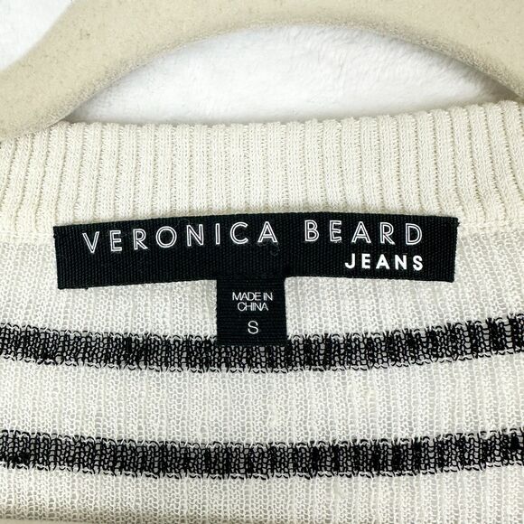 Veronica Beard Dean Striped Linen V-Neck Sweater Size Small Breton Ribbed - Picture 5 of 6